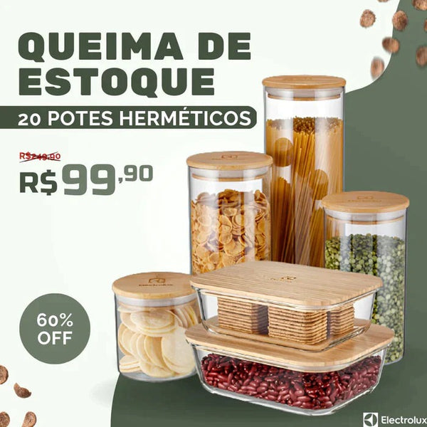 Kit 20 Potes Herméticos (Tampa de Bambu) - QUEIMA de ESTOQUE!