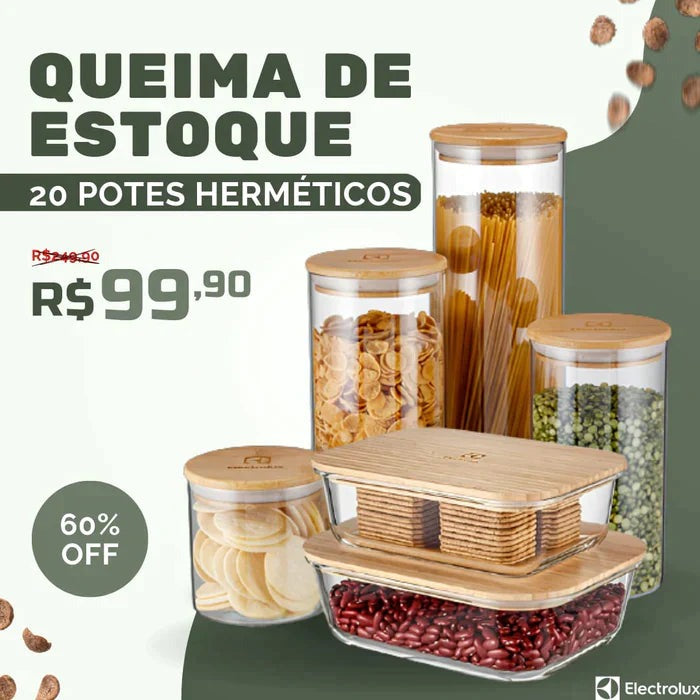 Kit 20 Potes Herméticos (Tampa de Bambu) - QUEIMA de ESTOQUE!